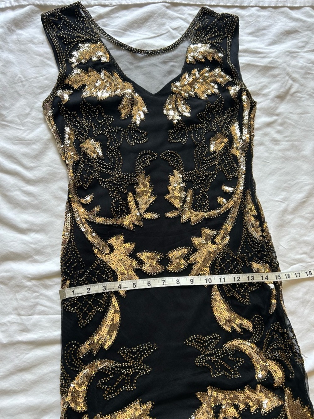 Black Gold Sequin Beaded Formal Dress Size Small Sleeveless Midi Evening Prom - Picture 12 of 12